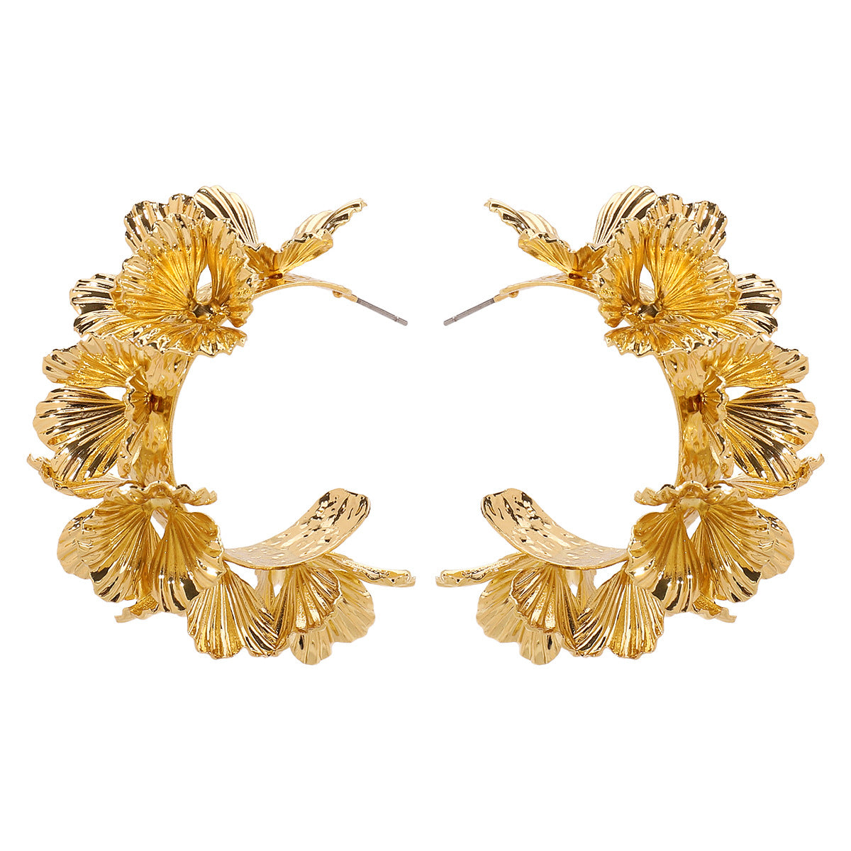 Elegantes Pendientes de Aro Geométricos 3D Apilados con Flores para Mujer con Acabado de Hierro Galvanizado