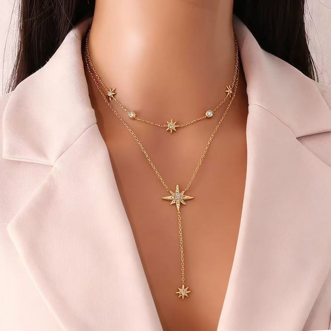 Collar con colgante de octagrama de lujo en acero inoxidable con baño de oro en cadena de serpiente para mujer