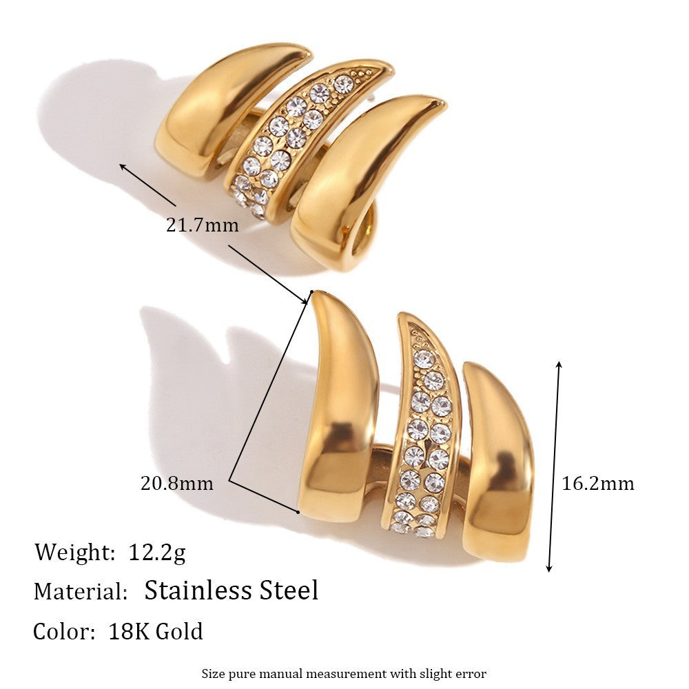 Minimalist Geometric Stainless Steel Earrings with 18K Gold Plating and Rhinestone Accents for Women