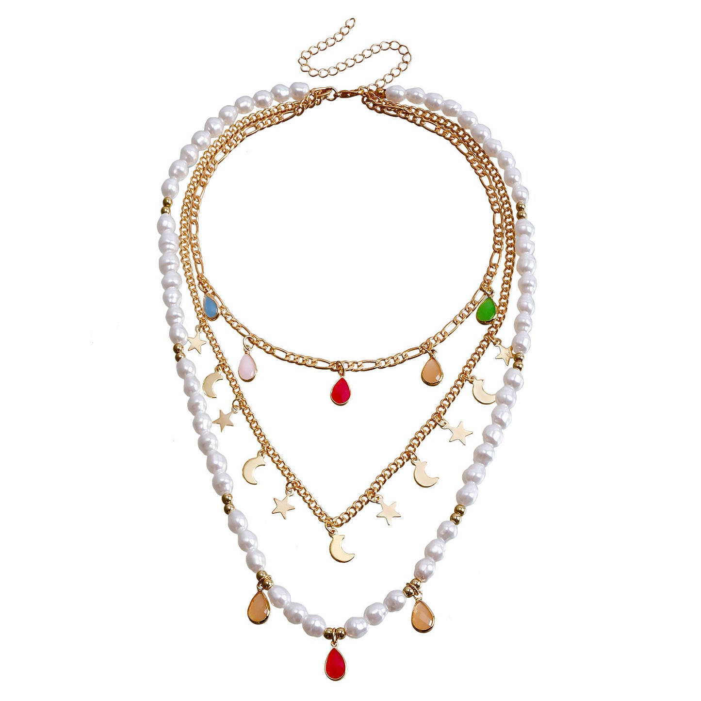 Bohemian Multi-Layer Beaded Necklace with Geometric Shape Alloy Pendant, Electroplated Finish, Fashionable Clavicle Chain for Women
