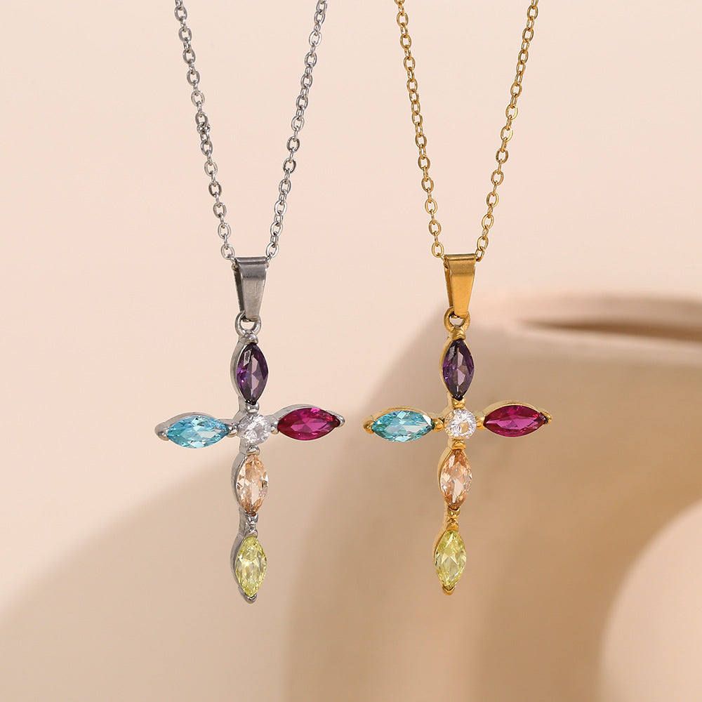 Elegant Business 18K Gold Plated Cross Cubic Zirconia Necklace Stainless Steel Titanium Steel Pendant Cable Chain for Women