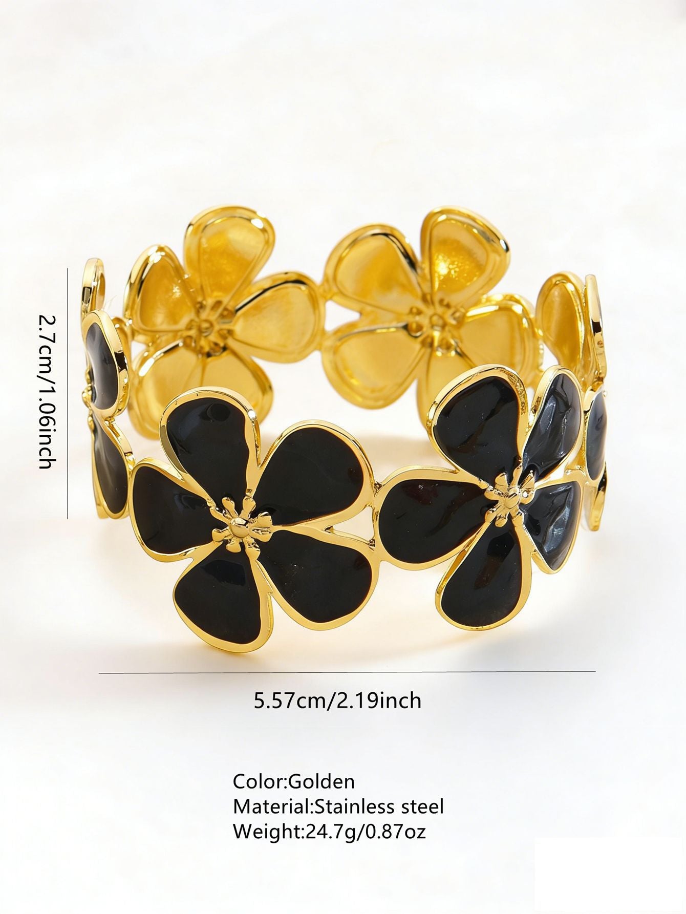 Elegante Pulsera Abierta de Lujo Floral con Esmalte de Aceite de Acero Inoxidable y Titanio con Cereza