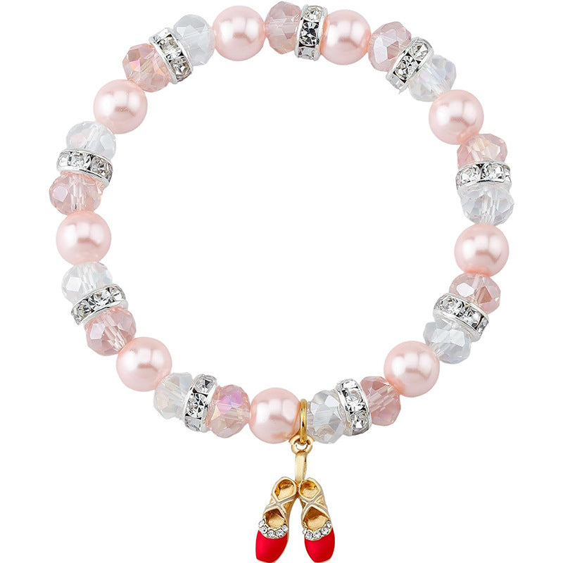 Sweet Imitation Pearl Ballet Shoe Charm Bracelet for Women Girls Dancer Gift