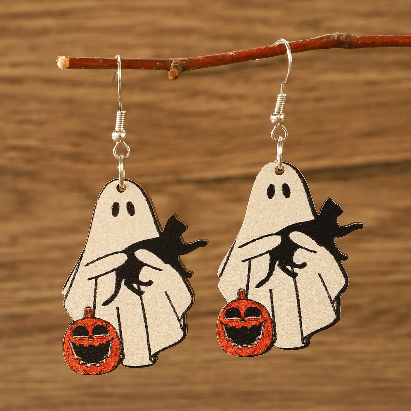 Pendientes góticos de madera de calavera de Halloween, flamenco, calabaza y fantasma con estampado