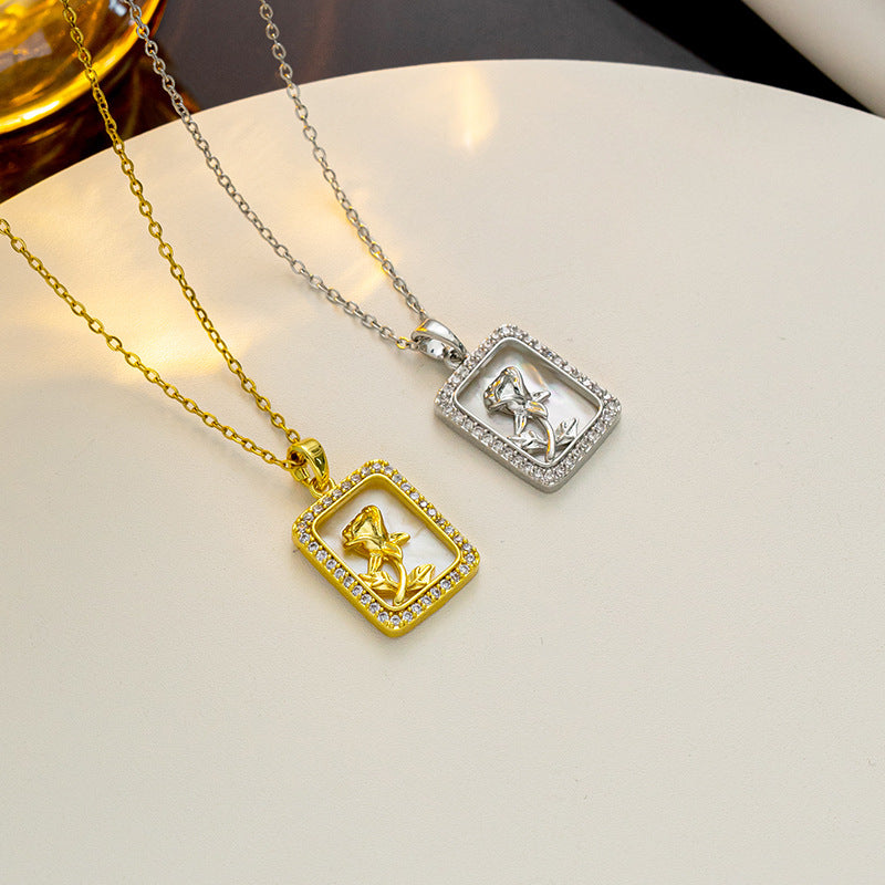 Elegant French-Style Geometric Rose Pendant Necklace for Women Made of Titanium Steel with Gold Inlay and O-Chain