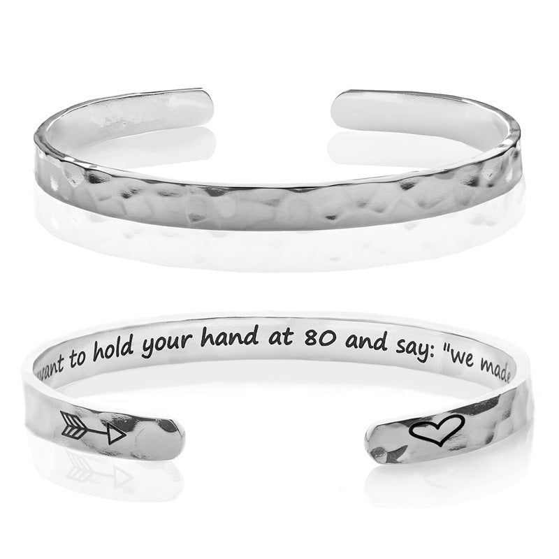 Minimalist Stainless Steel Engraved Open Moon Surface Textured Hammered Bracelet