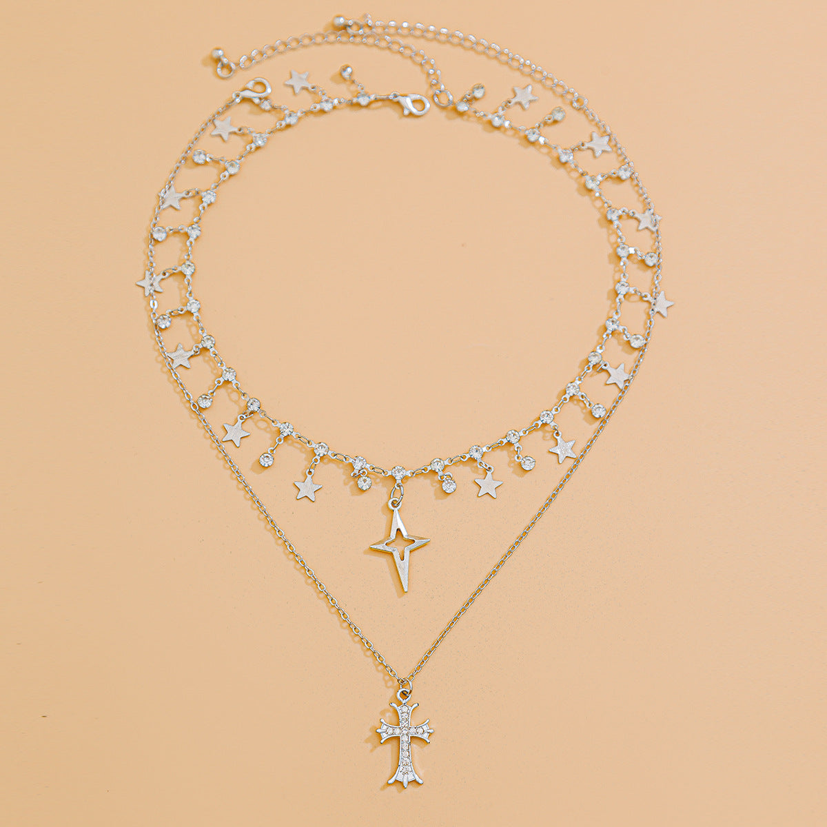 Punk Rhinestone Inlaid Cross Pendant Zinc Alloy Plated Multi-Layer Necklace for Women