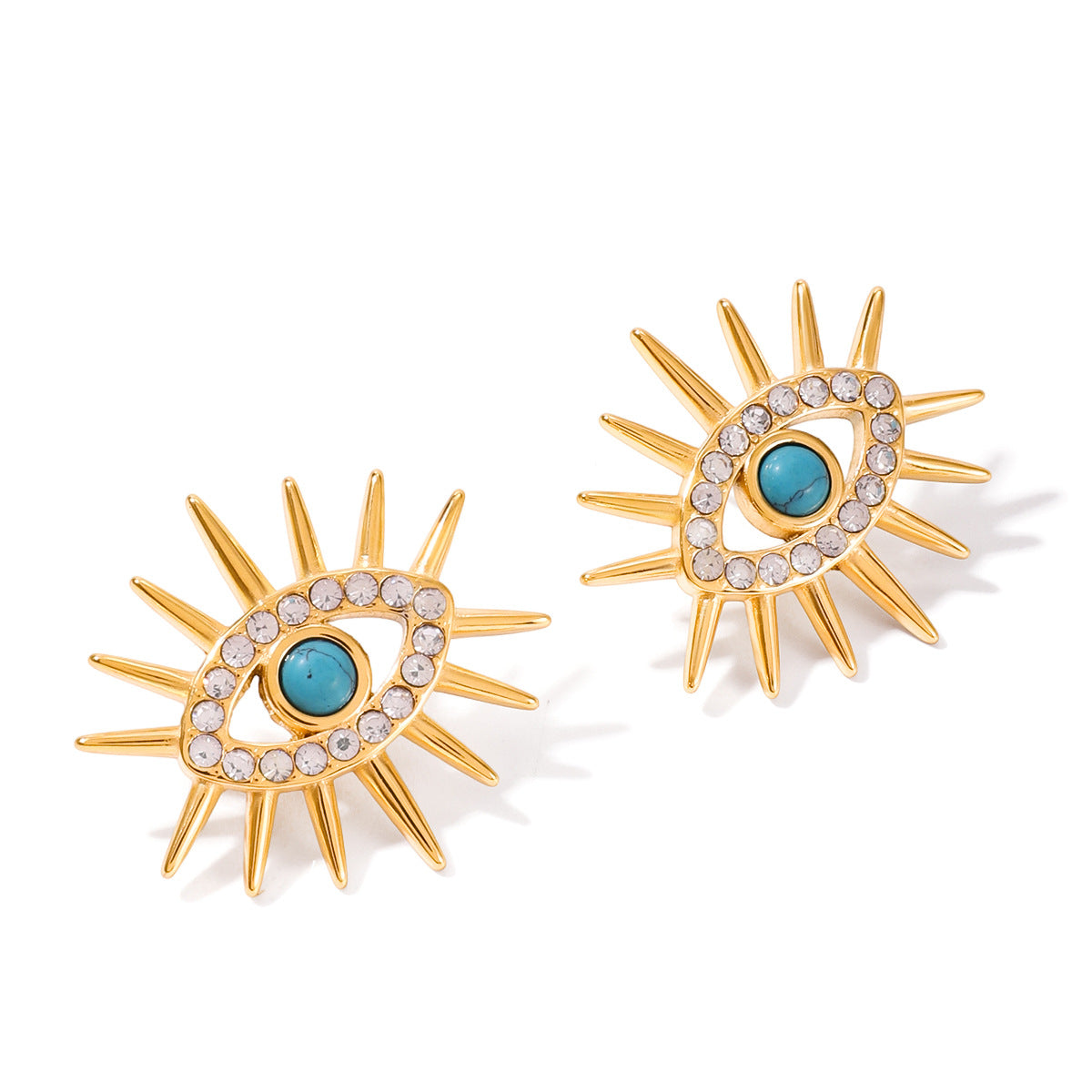 Set de pendientes de tuerca y anillo de ojo turco minimalista para mujer en acero de titanio con baño de rodio