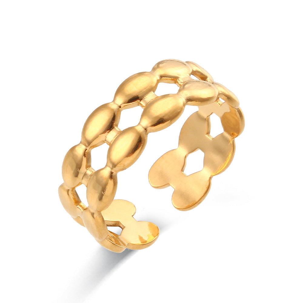 Anillo abierto trenzado de acero inoxidable calado geométrico a la moda para mujer con acabado chapado