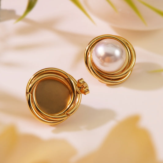 Vintage Elegant Round Geometric Plated Stainless Steel Imitation Pearl Baroque Earrings for Women