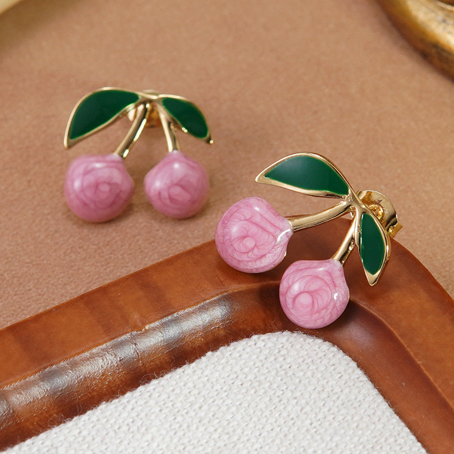 Sweet Drip Oil Stainless Steel Cherry Earrings for Women