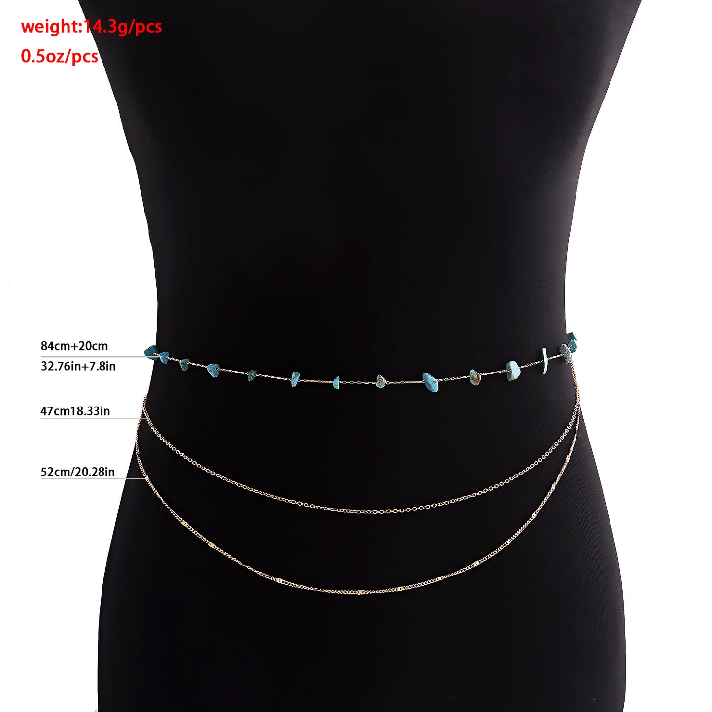 Bohemian Style Multi-Loop Waist Chain for Women Made of Metal with Natural Turquoise Accents