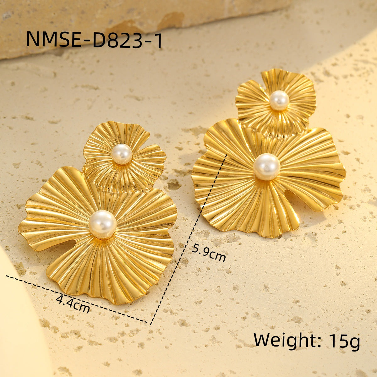 Pendientes de Acero Inoxidable con Forma de Pétalo Estilo OL de Moda con Baño de Oro de 18K y Acentos de Perlas