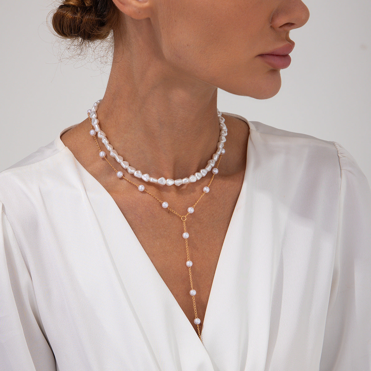Geometric Faux Pearl Tassel Multi-Layer Choker Necklace for Women