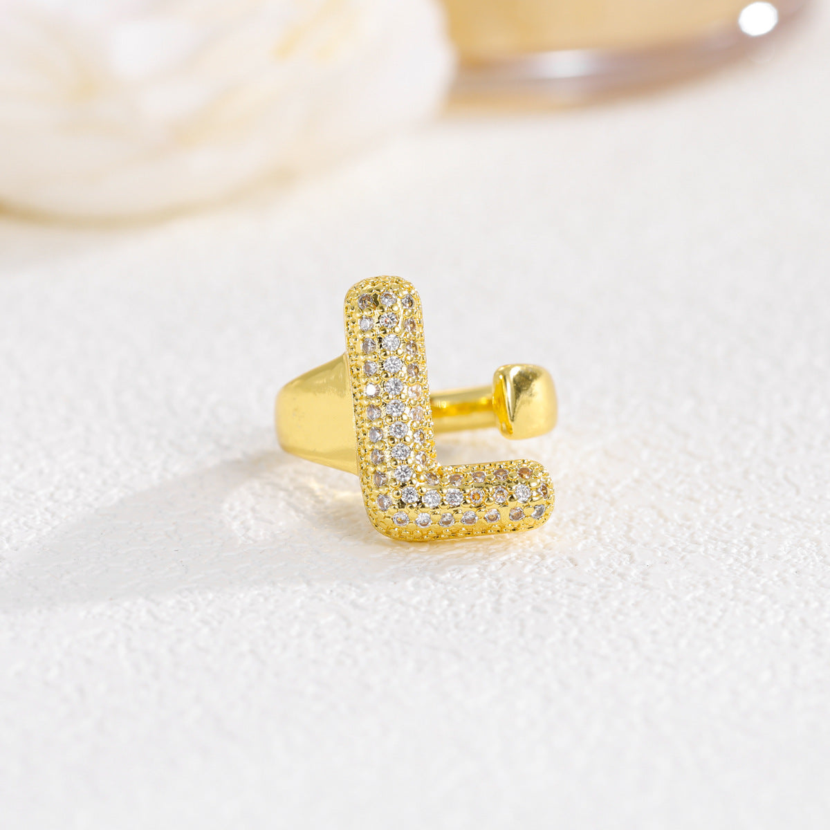 Sweet Plated Brass Letter Ring with Cubic Zirconia Adjustable Open Ring for Women and Men
