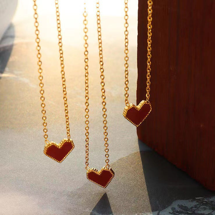 Minimalist Red Heart-Shaped Titanium Steel Necklace for Women with Cross Chain Design