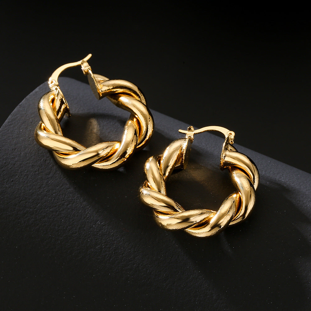 Orecchini Geometrici Vintage Grandi in Rame Placcato Oro Vero con Intarsio di Zirconi per Donna