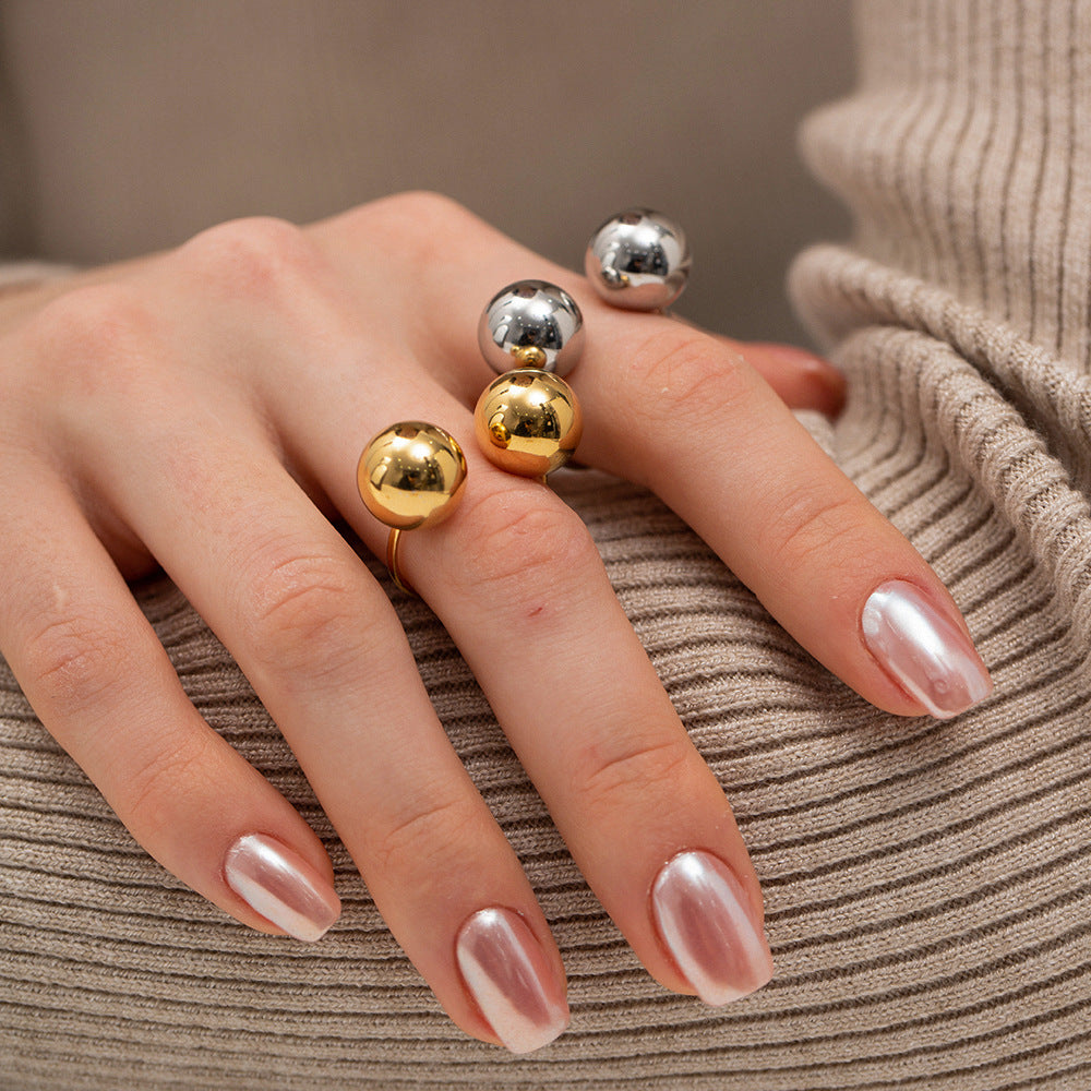 Ins Style Geometric Stainless Steel Plated Double Ball Open Ring for Women