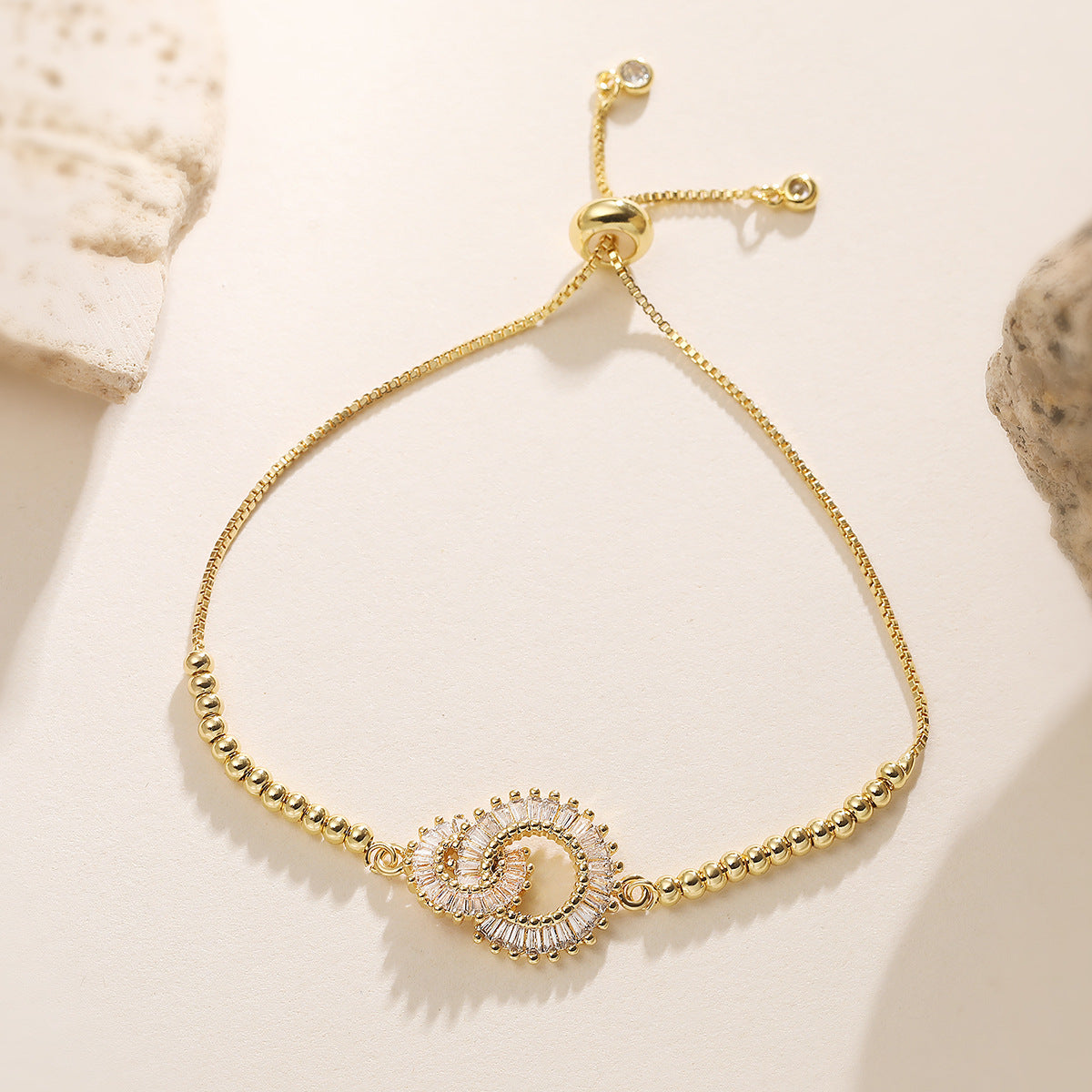 Minimalist Elegant 18K Gold Plated Brass Geometric Cubic Zirconia Beaded Bracelet for Women
