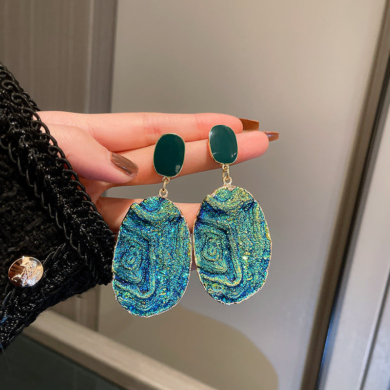 Vintage Floral Oval Enamel Earrings with Silver-Plated Copper Base and 14K Gold Posts for Women