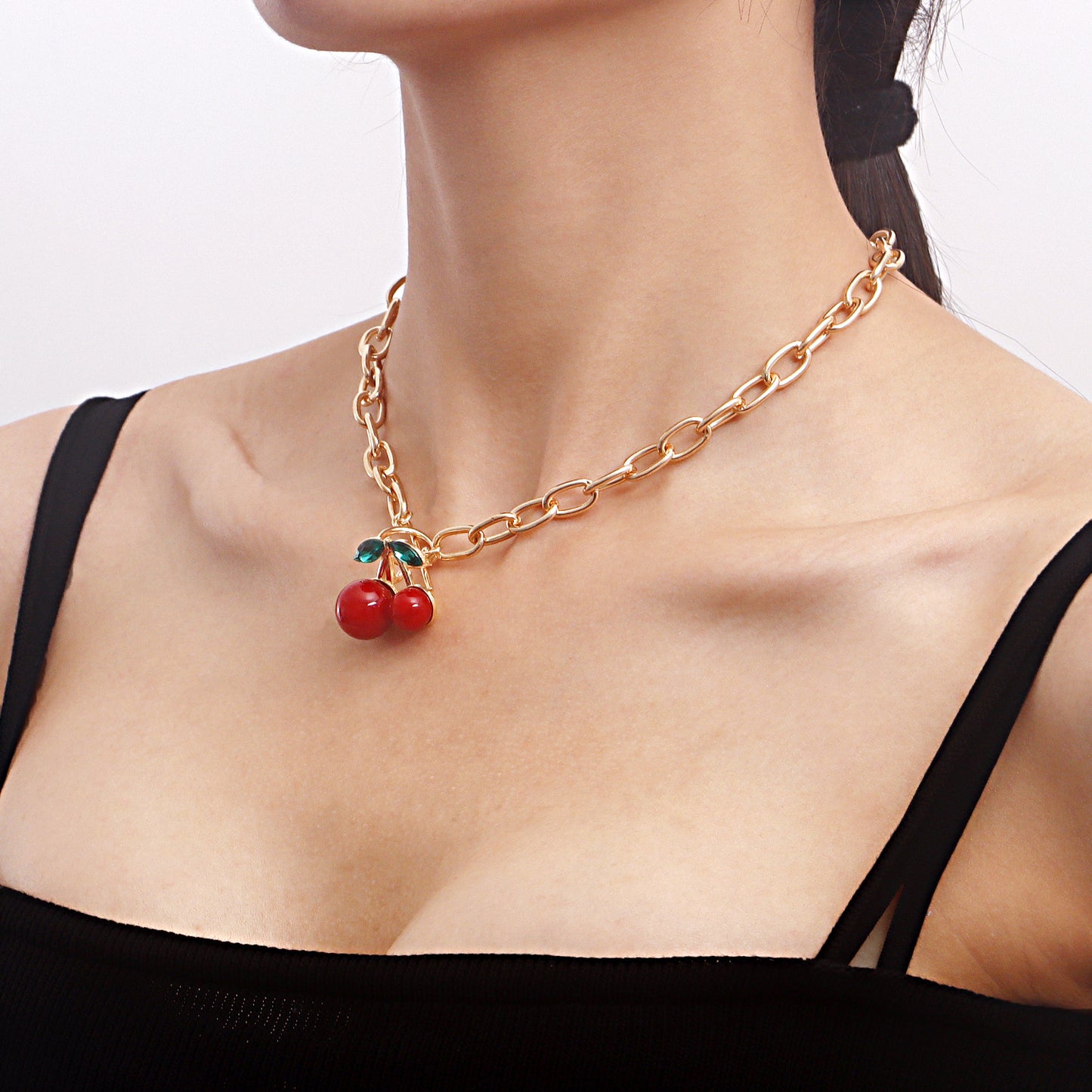 Y2K Geometric Oversized Cherry Pendant Necklace for Women with Alloy Chain and Electroplated Finish