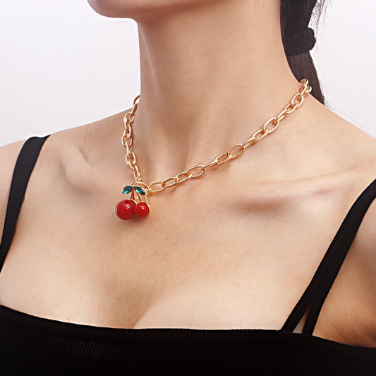 Y2K Geometric Oversized Cherry Pendant Necklace for Women with Alloy Chain and Electroplated Finish