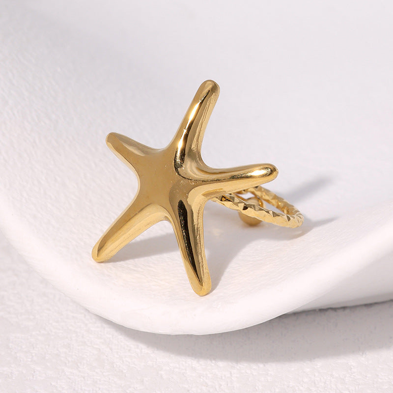 Minimalist Star-Shaped Stainless Steel Ring for Women with Plated Finish, Adjustable Open Band Design