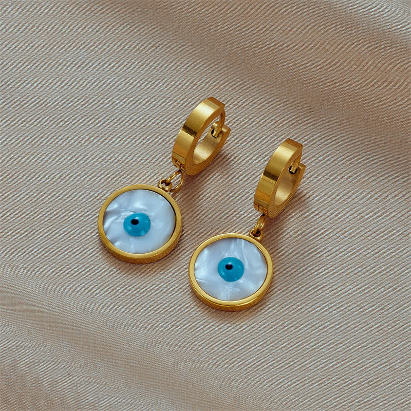 Minimalist Retro Blue Eye Shell Pendant Earrings in Titanium Steel with Plated Finish