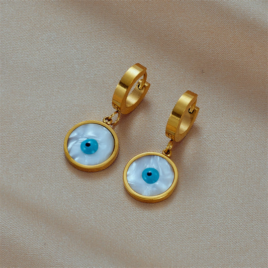 Aretes Colgantes Minimalistas Retro de Concha de Ojo Azul en Acero de Titanio con Acabado Chapado