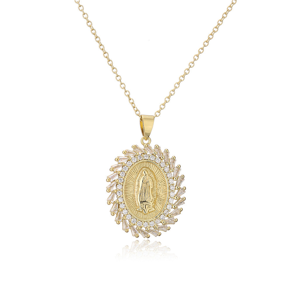 Collana pendente geometrica religiosa da donna in rame con zirconi micro-incastonati su catena a O