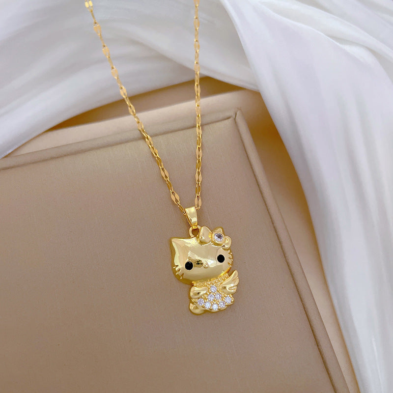Collana con Pendente Lusso Ali Gatto Strass in Acciaio al Titanio Stile Geometrico Unisex