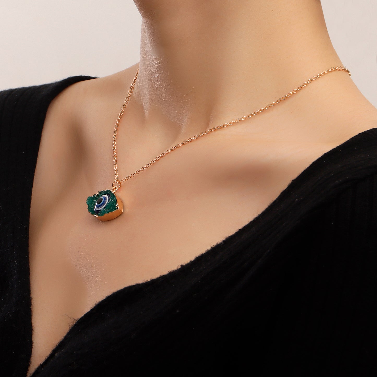 Minimalist Geometric Evil Eye Pendant Necklace for Women Alloy Chain with Plated Finish
