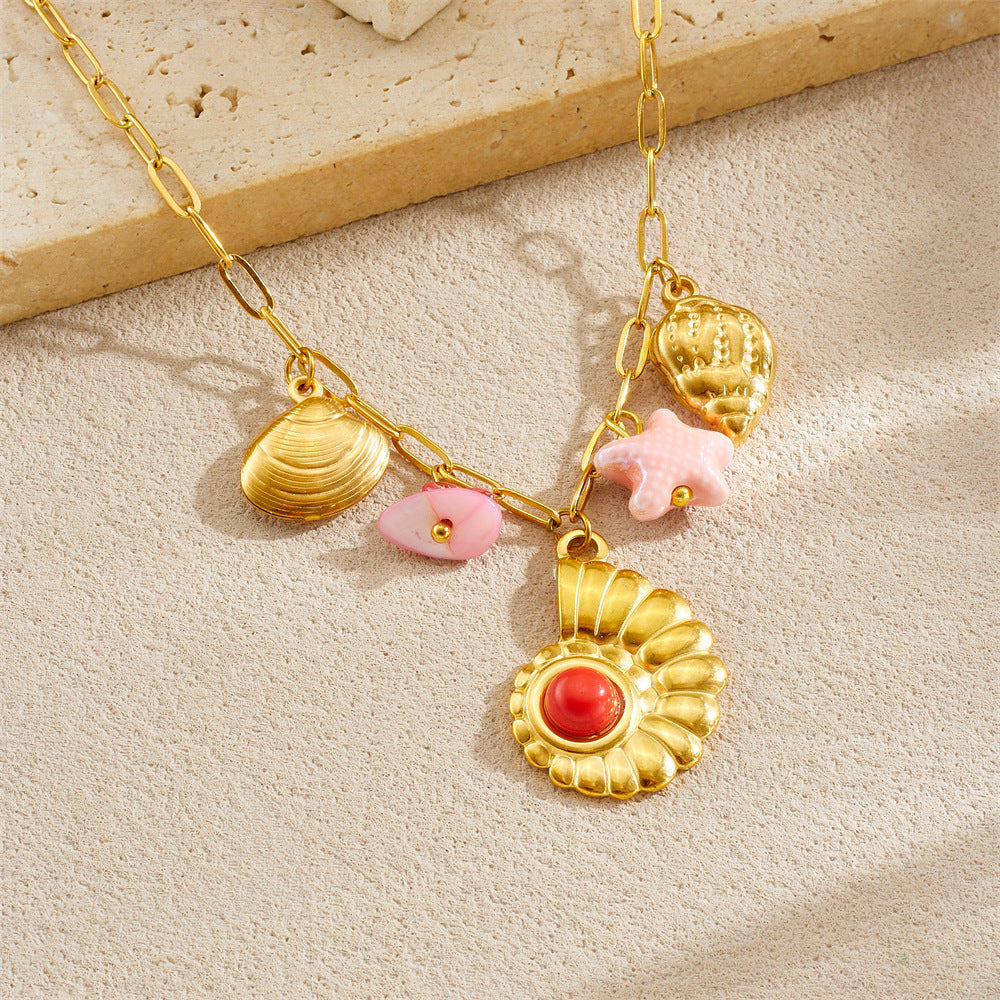 Chic Gold Plated Star and Seashell Stainless Steel Necklace for Women