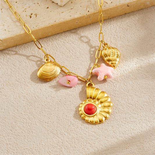 Chic Gold Plated Star and Seashell Stainless Steel Necklace for Women