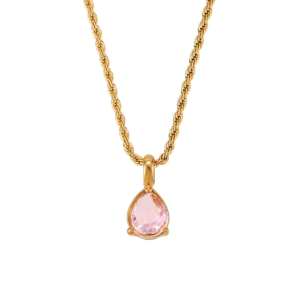 Fashionable Vintage Geometric Stainless Steel Twisted Rope Necklace with Teardrop Rhinestone Pendant for Women
