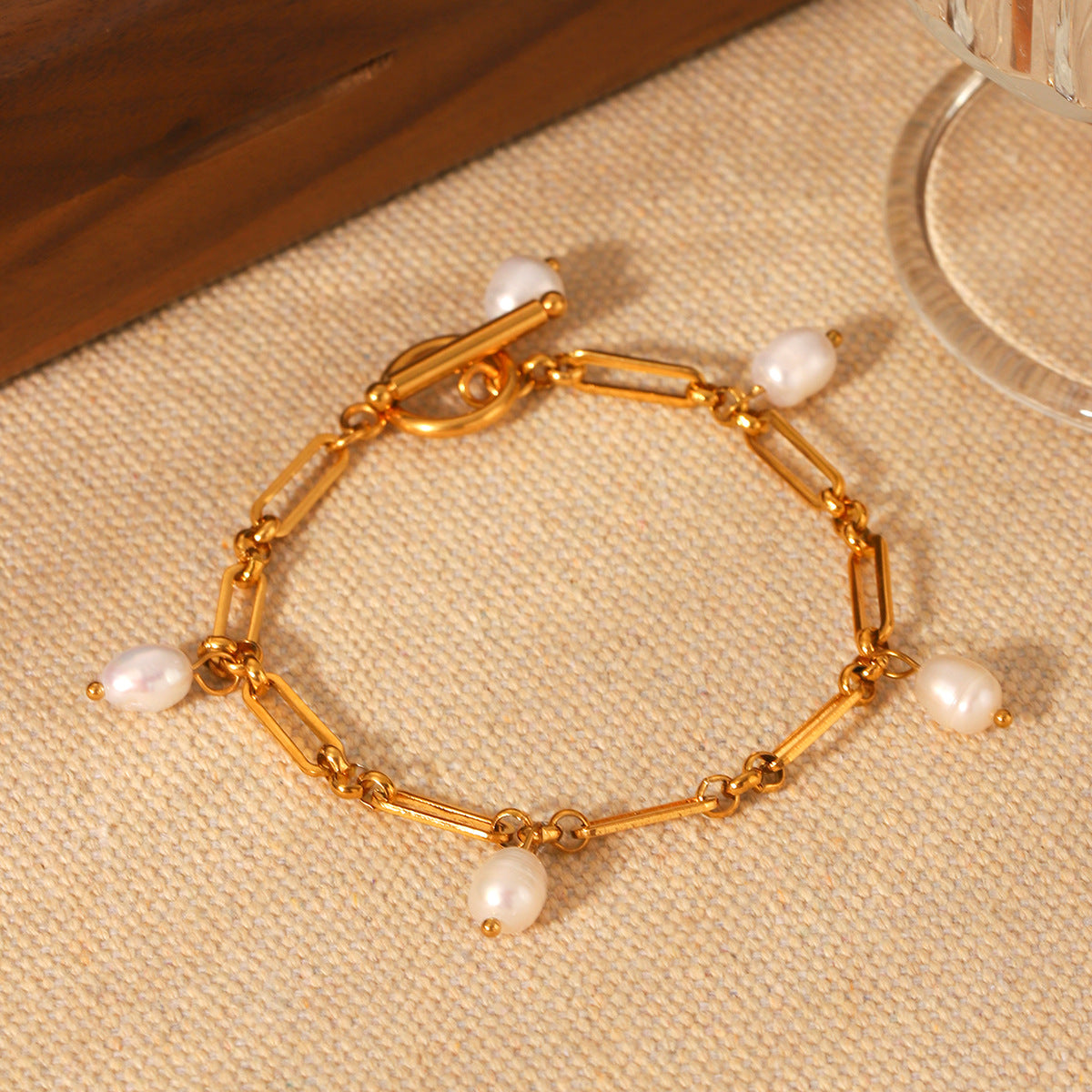 Minimalist Geometric Stainless Steel Bracelet with 18K Gold Plating and Freshwater Pearls for Women