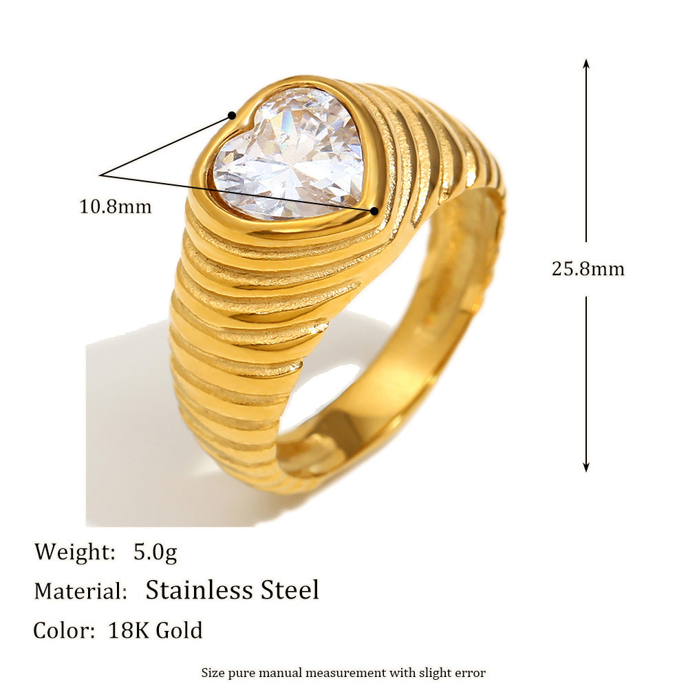 Anello a filo da donna minimalista, geometrico, in acciaio inossidabile placcato oro 18 carati con zircone a forma di cuore