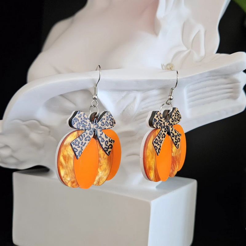 Orecchini Vintage a Forma di Fiocco in Acrilico con Fantasia Leopardata per Halloween, il Ringraziamento e la Stagione Autunnale