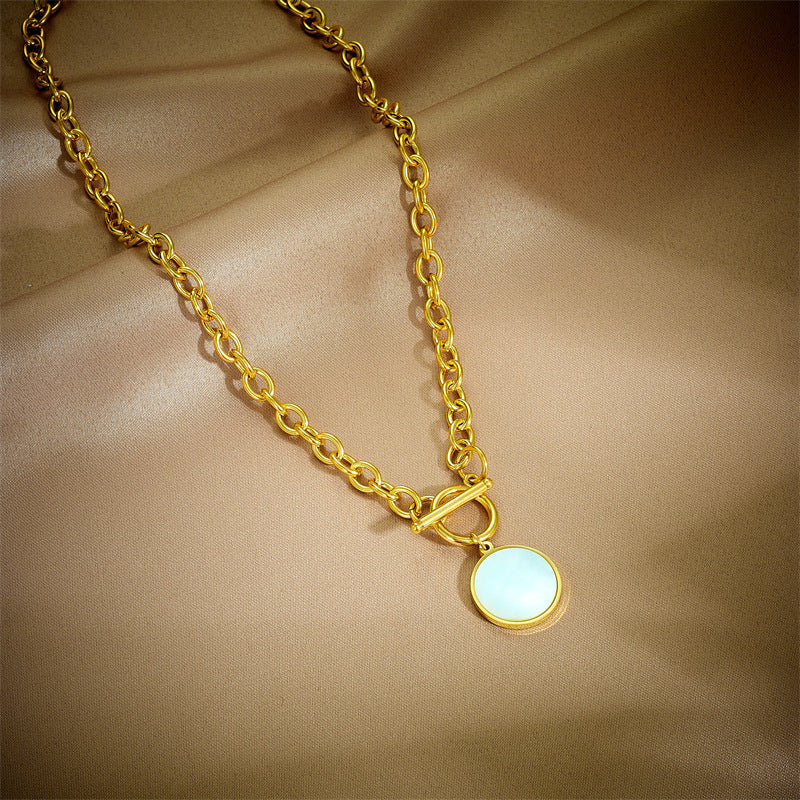 Minimalist Retro Geometric Round Pendant Titanium Steel Plated Necklace with O-Clasp