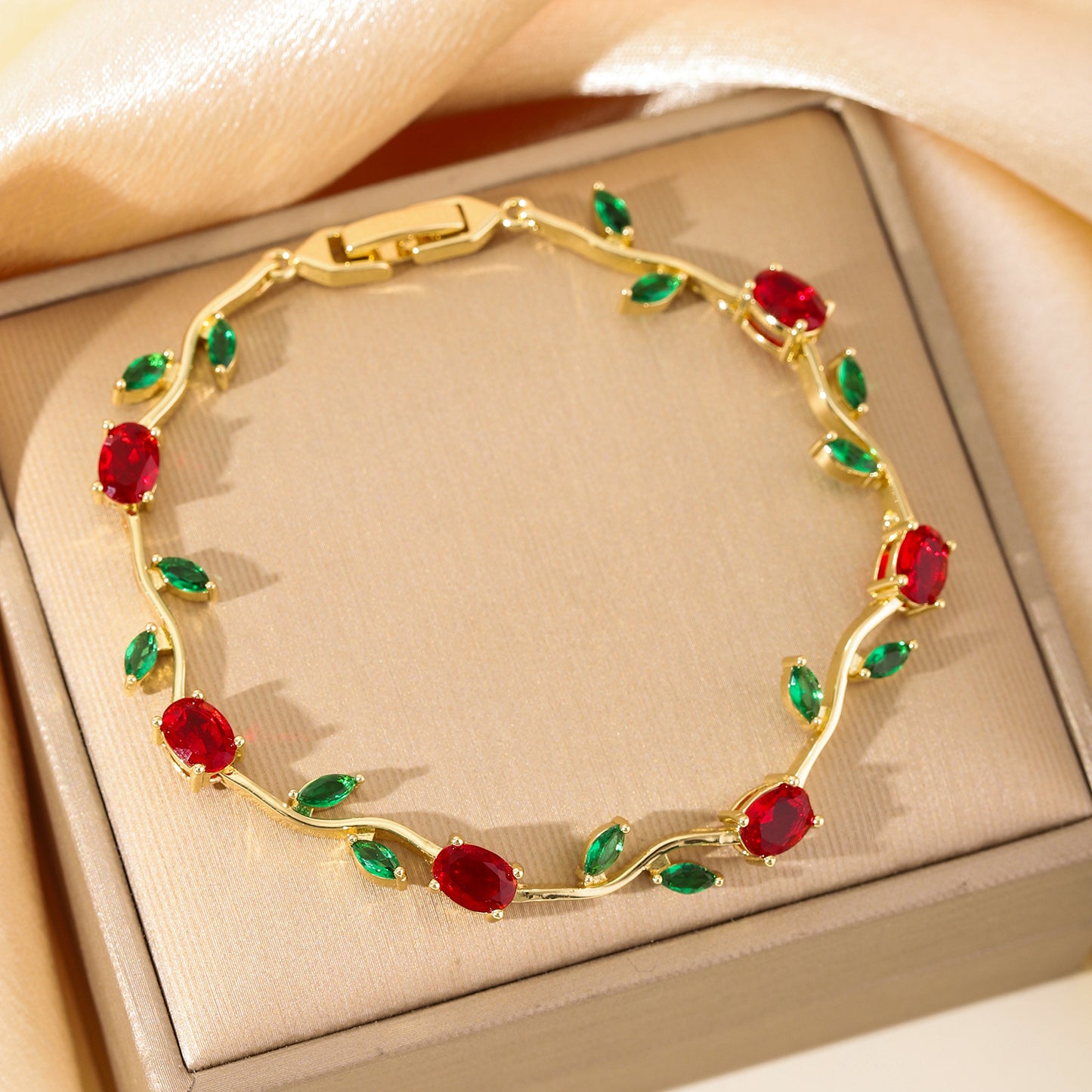 Luxury Gold Plated Brass Leaf Bracelet with Cubic Zirconia Inlay Unisex Floral Design