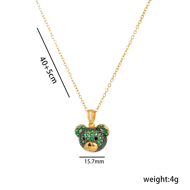 Minimalist 18K Gold Plated Colorful Bear Pendant Necklace with Rhinestones Titanium Steel O-Chain for Women