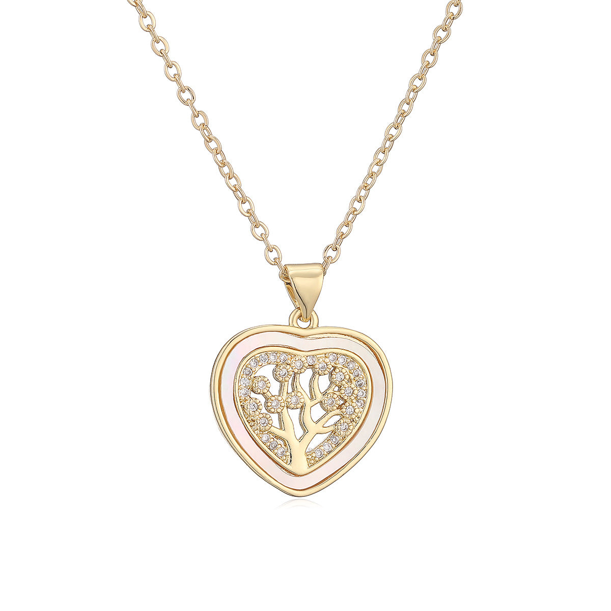 Minimalist Gold Plated Brass Geometric Tree of Life Pendant Necklace with Cubic Zirconia for Women