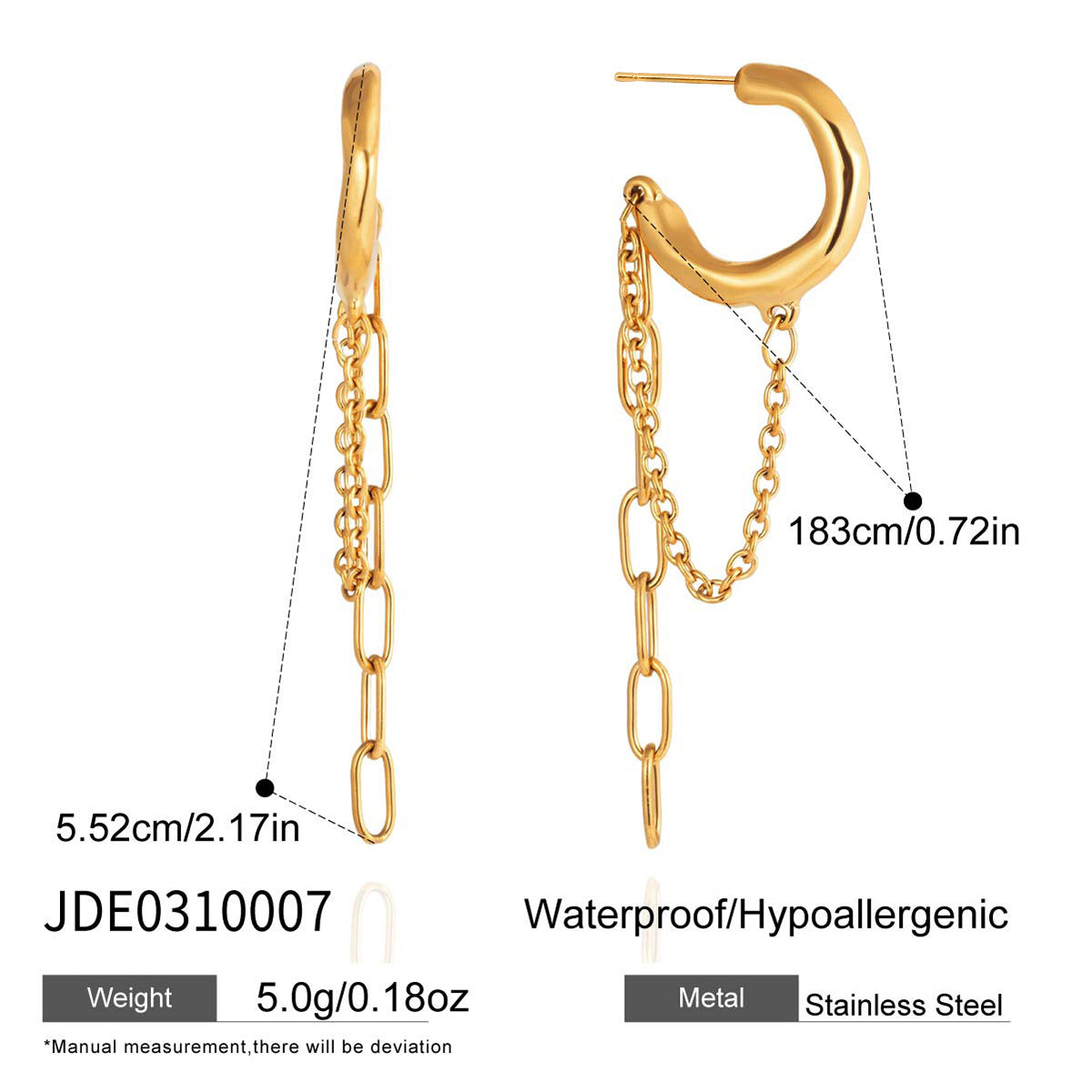 Pendientes enhebradores minimalistas de acero inoxidable geométricos con cadena colgante, acabado de lujo chapado en oro PVD