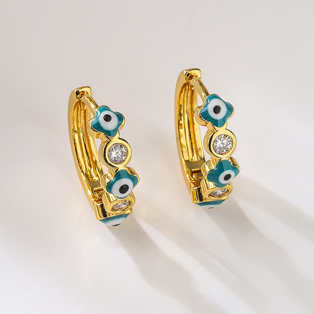 Orecchini da donna geometrici mini retrò a forma di occhio diabolico in rame con placcatura in oro 18K e intarsio di zirconi
