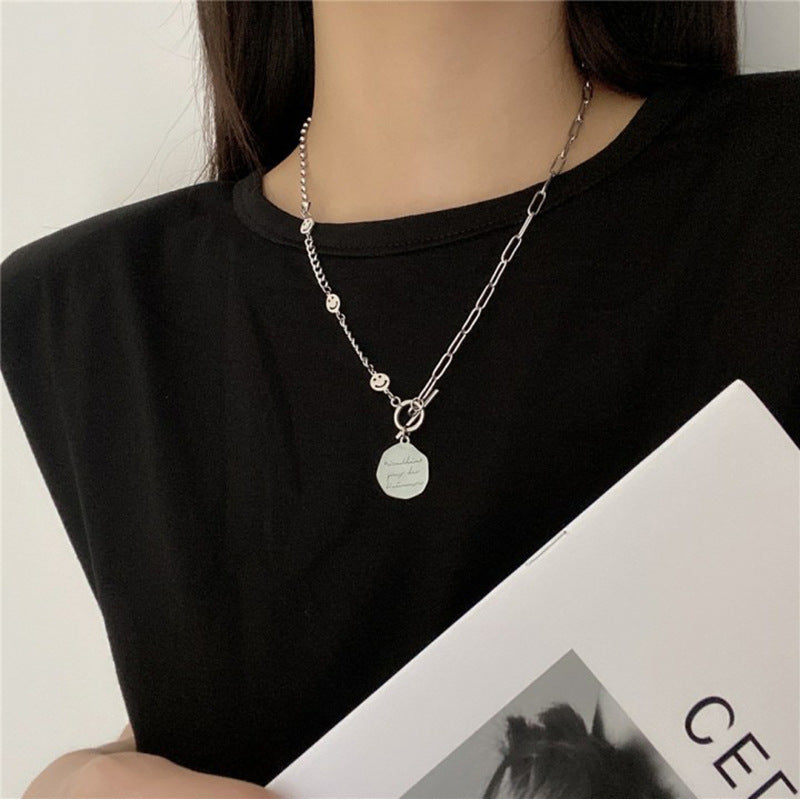 Minimalist Smile Face Letter Pendant Necklace in Titanium Steel with Plated Finish for Women and Men