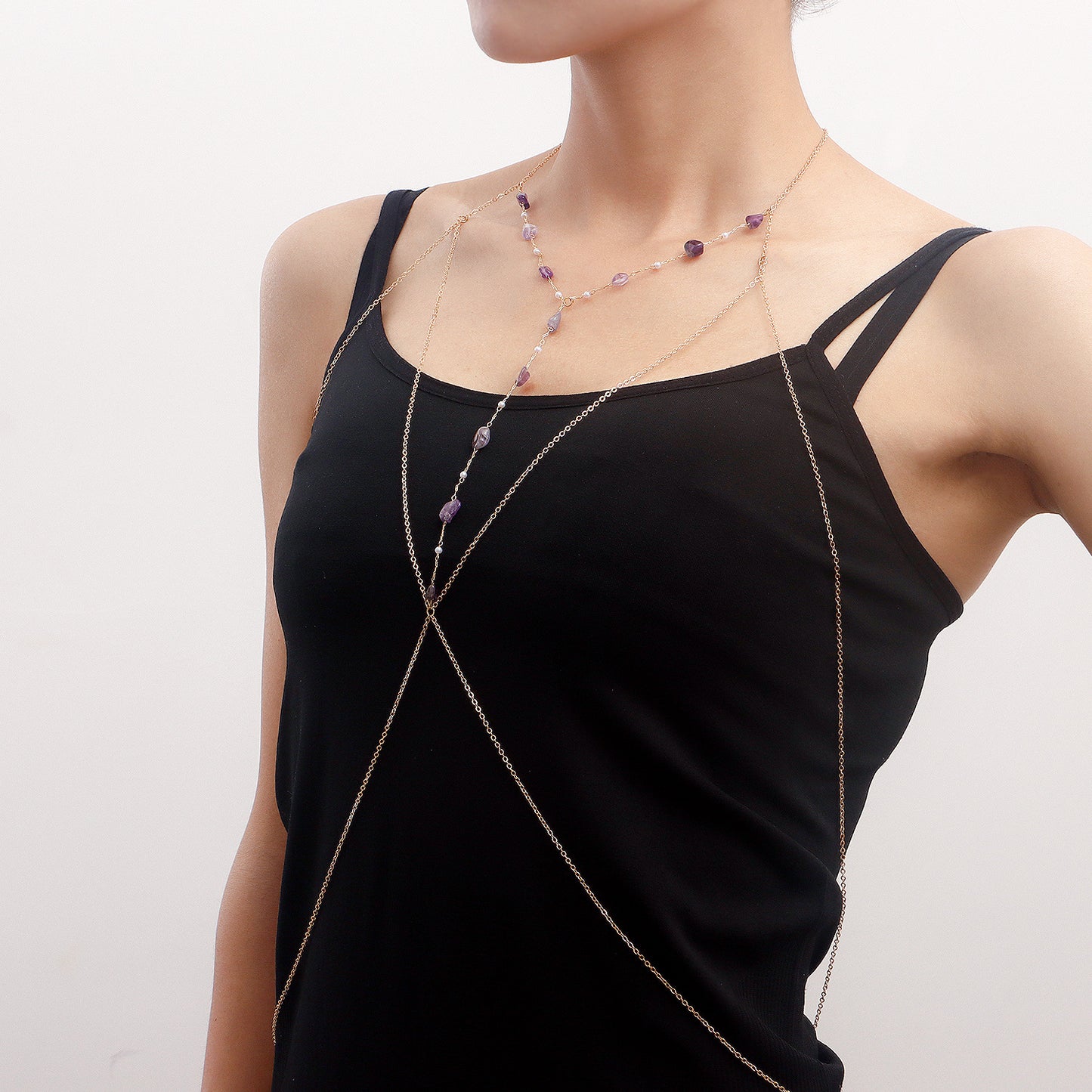 Collana a catena da corpo in turchese e viola minimalista da donna in lega placcata con finitura lucida