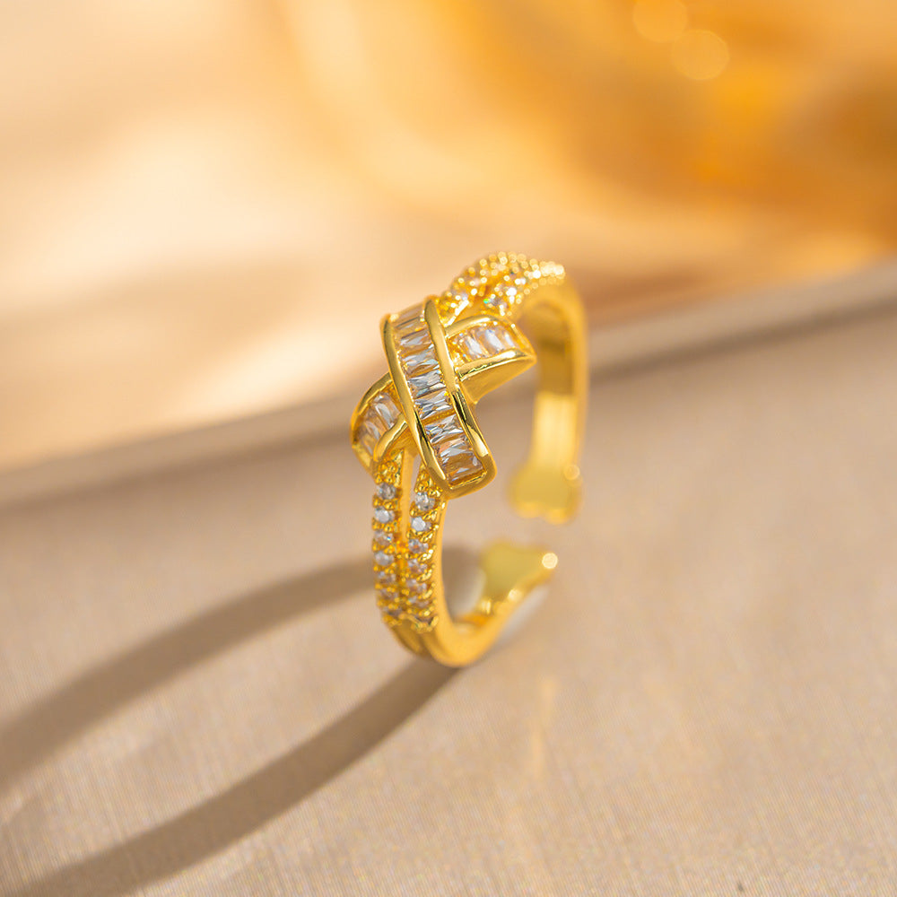 Luxury Minimalist Adjustable Open Ring for Women with Gold-Plated Copper Band and Zircon Stone Accent in Heart and Floral Shape