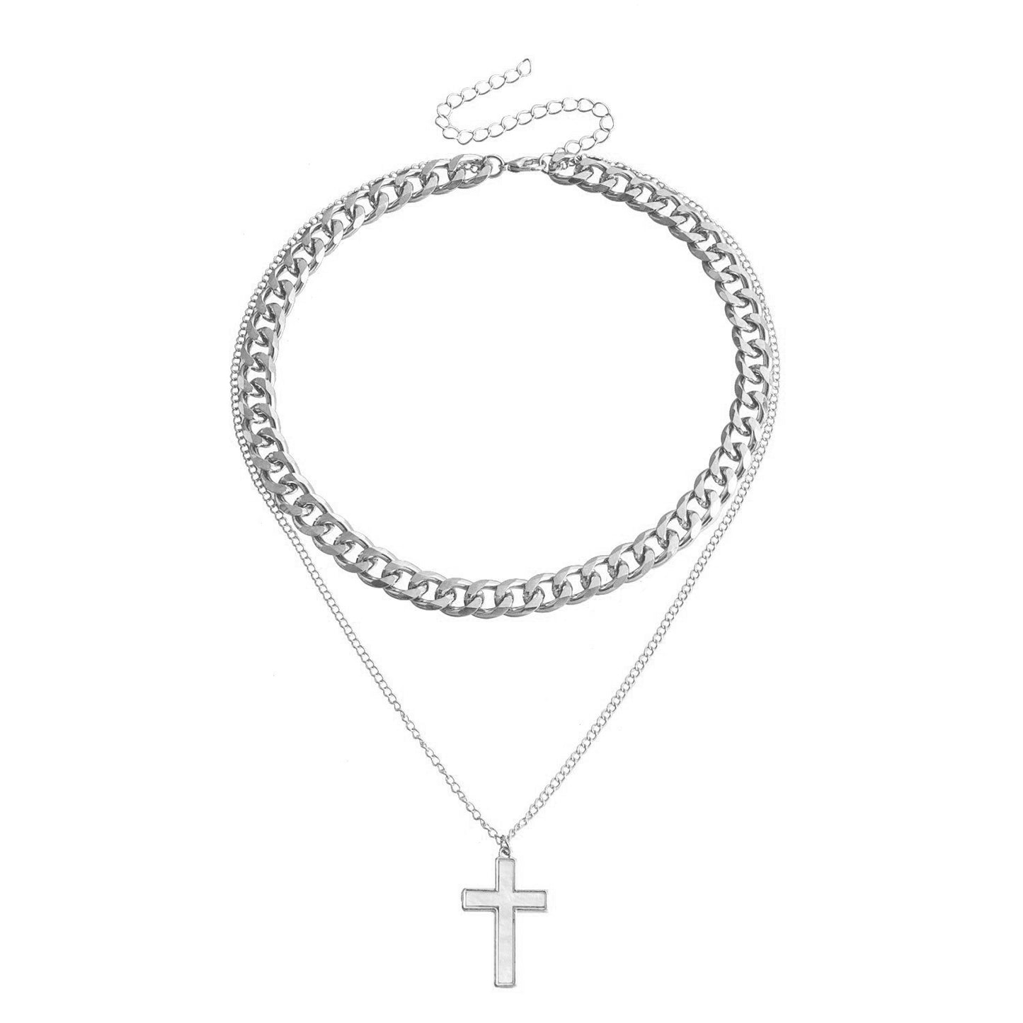 Punk Style Double-Layer Cross Pendant Necklace for Women with Mother-of-Pearl Inlay and Electroplated Metal Choker