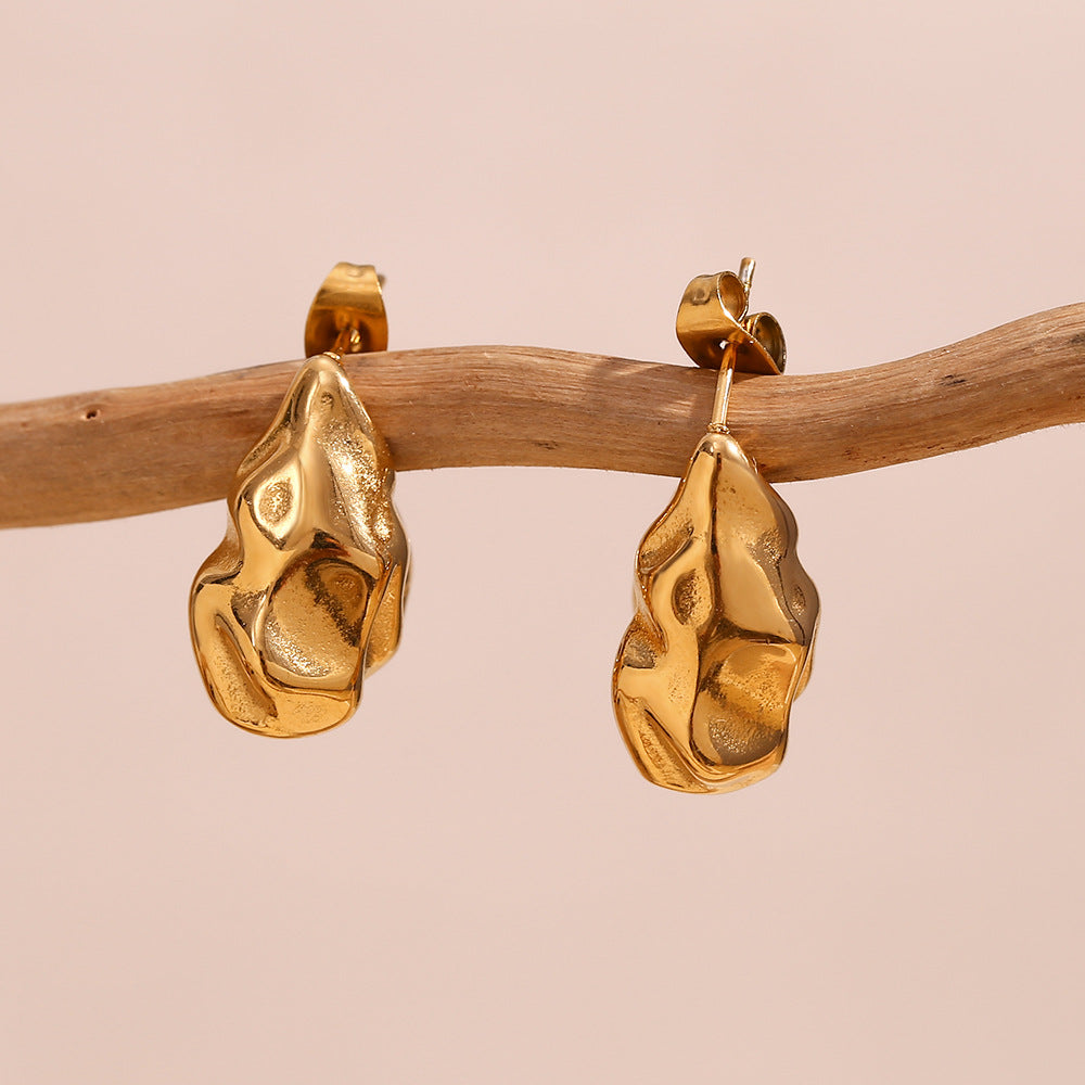Vintage-Inspired Geometric Stainless Steel Ear Studs with 18K Gold Plating and Hammered Texture