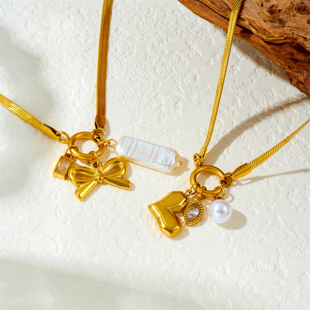 Vintage Elegant Gold Plated Stainless Steel Heart Bow Pearl Pendant Necklace